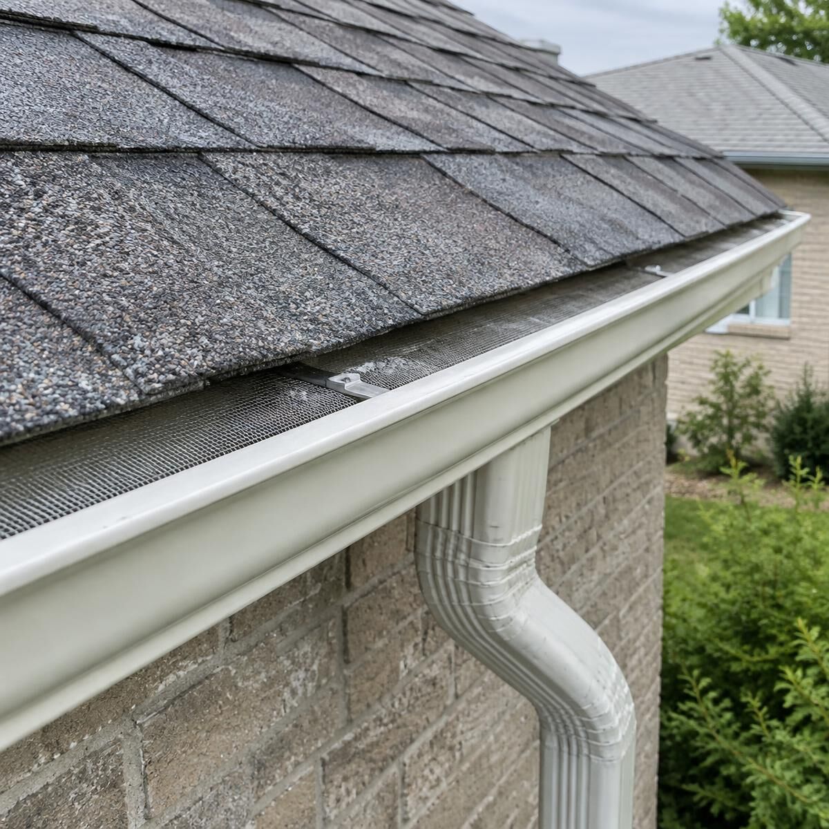 Asphalt shingle roof edge and clean white eavestrough on a brick home