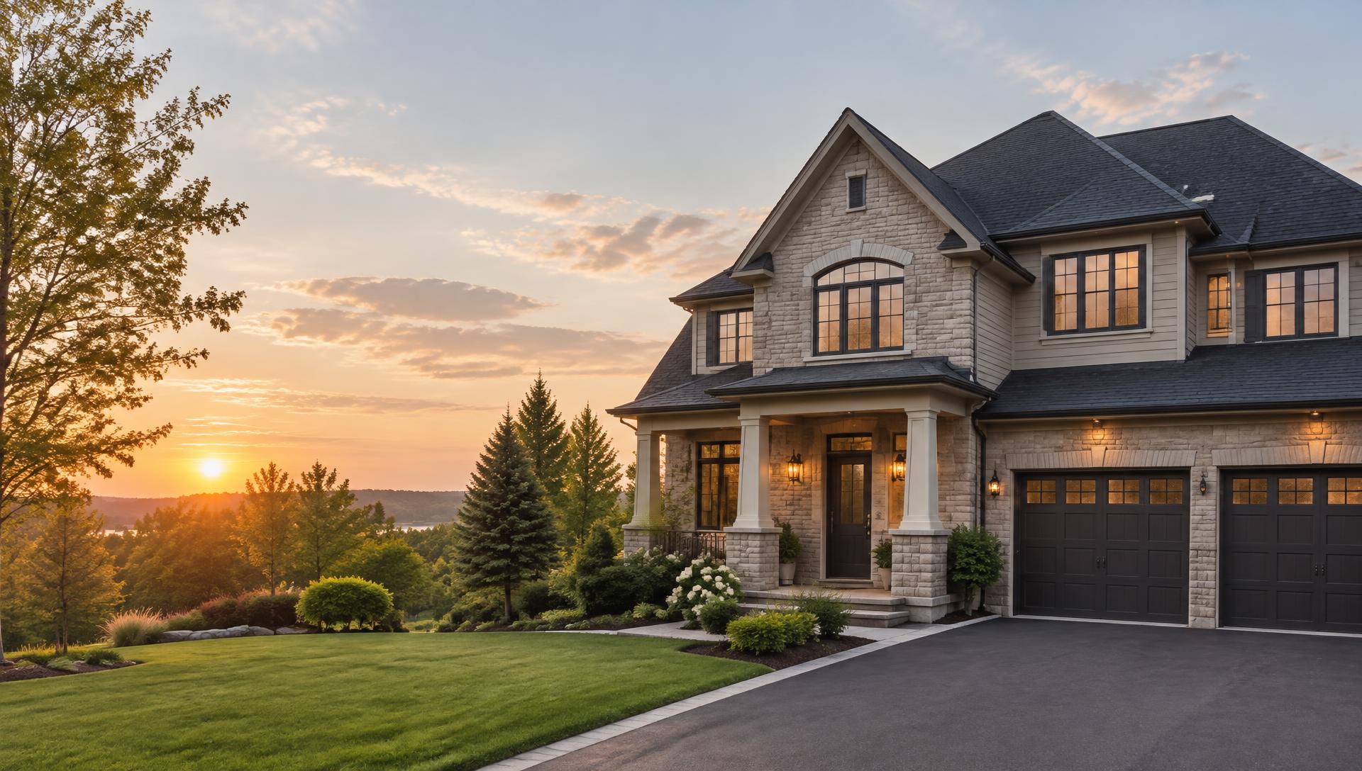 Two-storey Ontario home with a dark asphalt shingle roof at sunset