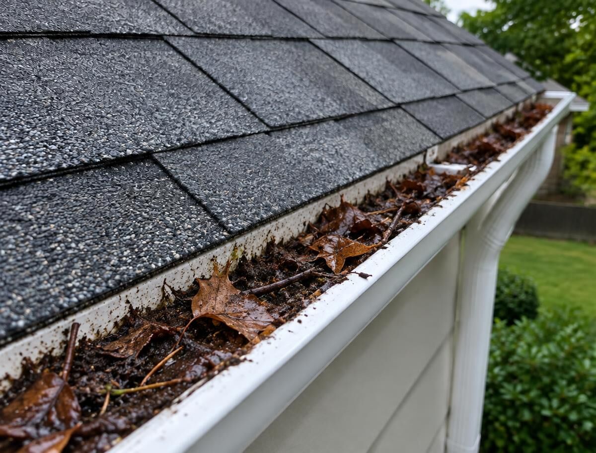 gutter clogged with wet leaves and debris