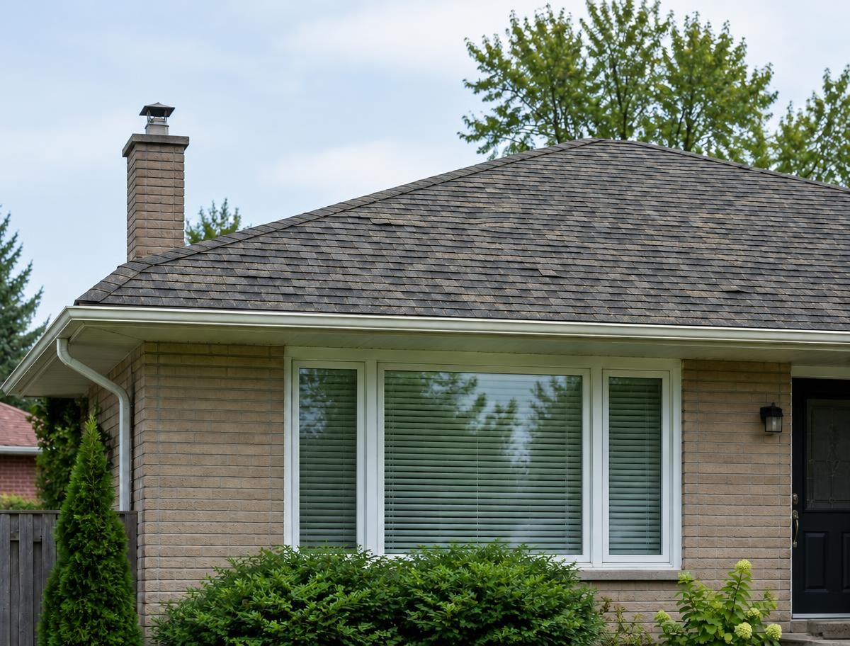 faded, aged asphalt shingle roof on a bungalow