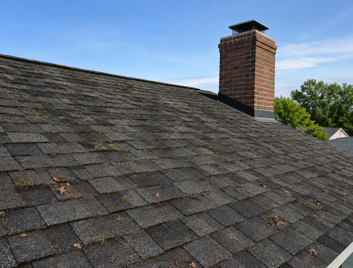 roof surface with dark streaks, moss and scattered leaves