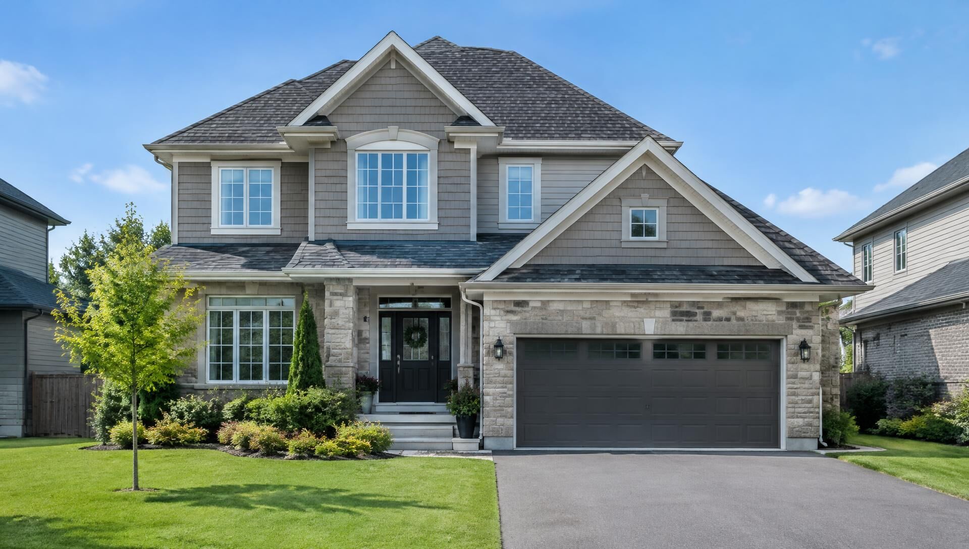 Two-storey Ontario home with a dark asphalt shingle roof