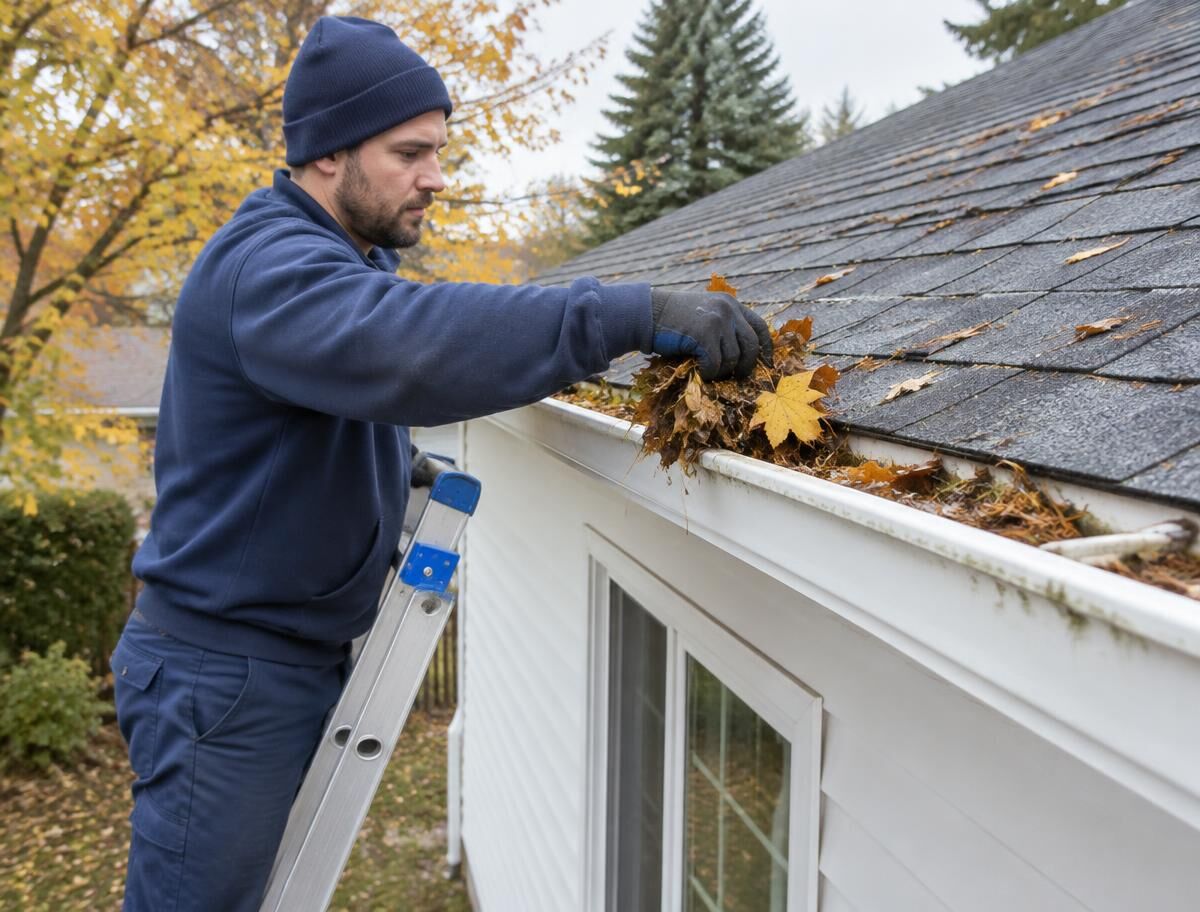 Technician on a ladder removing autumn leaves from a house gutter